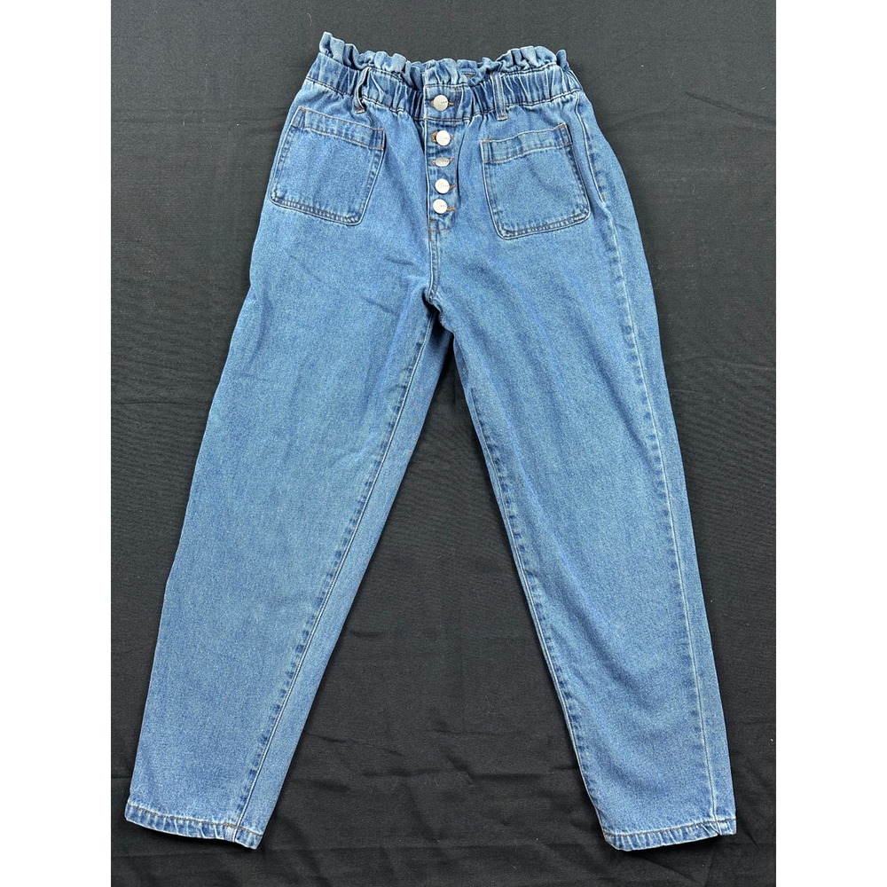 TGLA Womens High Waisted Paperbag Mom Jeans Blue Button Fly Medium Size M